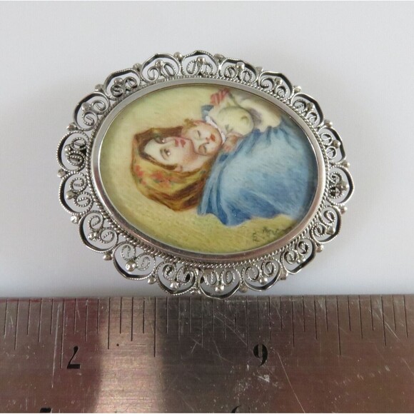 Old Hand Painted Miniature Madonna of the Streets 800 Silver Pendant Brooch - Picture 7 of 11